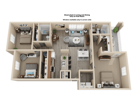 Floor plan for 3 beds, 2 baths, 1214 sqft